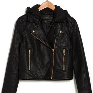 Faux Leather Moto Jacket with removable hood